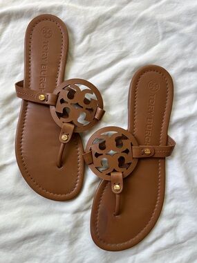 Tory Burch Tan Leather Logo Thong Sandals